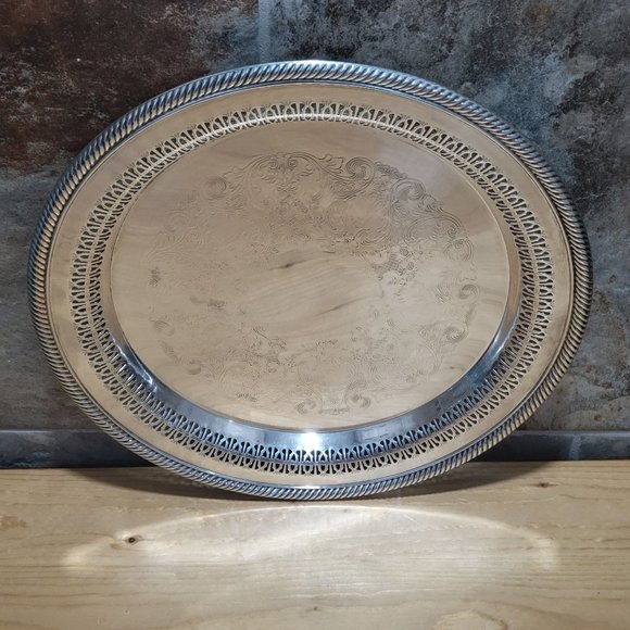 VTG International Silver Round Metal Platter Chased Reticulated Detail - Picture 4 of 13